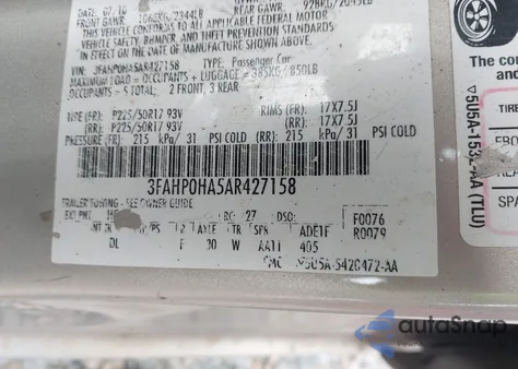 2010 Ford Fusion Se из США, поврежденный, VIN 3FAHP0HA5AR427158